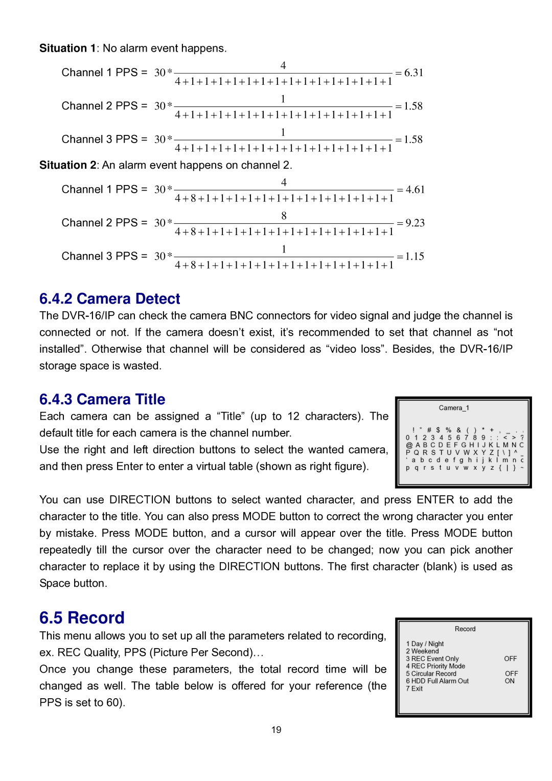 Speco Technologies DVR-16/IP user manual Record, Camera Detect, Camera Title 