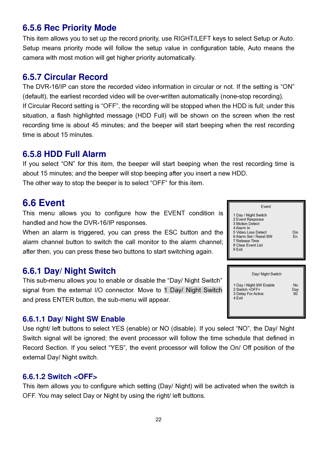 Speco Technologies DVR-16/IP user manual Event, Rec Priority Mode, Circular Record, HDD Full Alarm, 1 Day/ Night Switch 