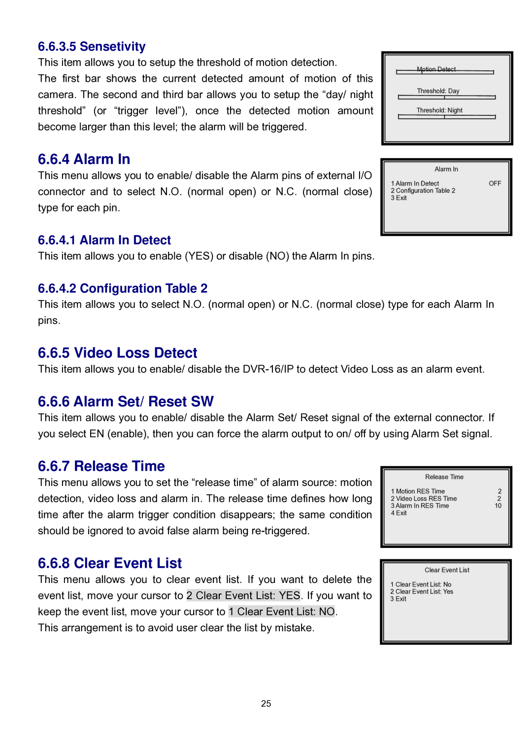 Speco Technologies DVR-16/IP user manual Video Loss Detect, Alarm Set/ Reset SW, Release Time, Clear Event List 