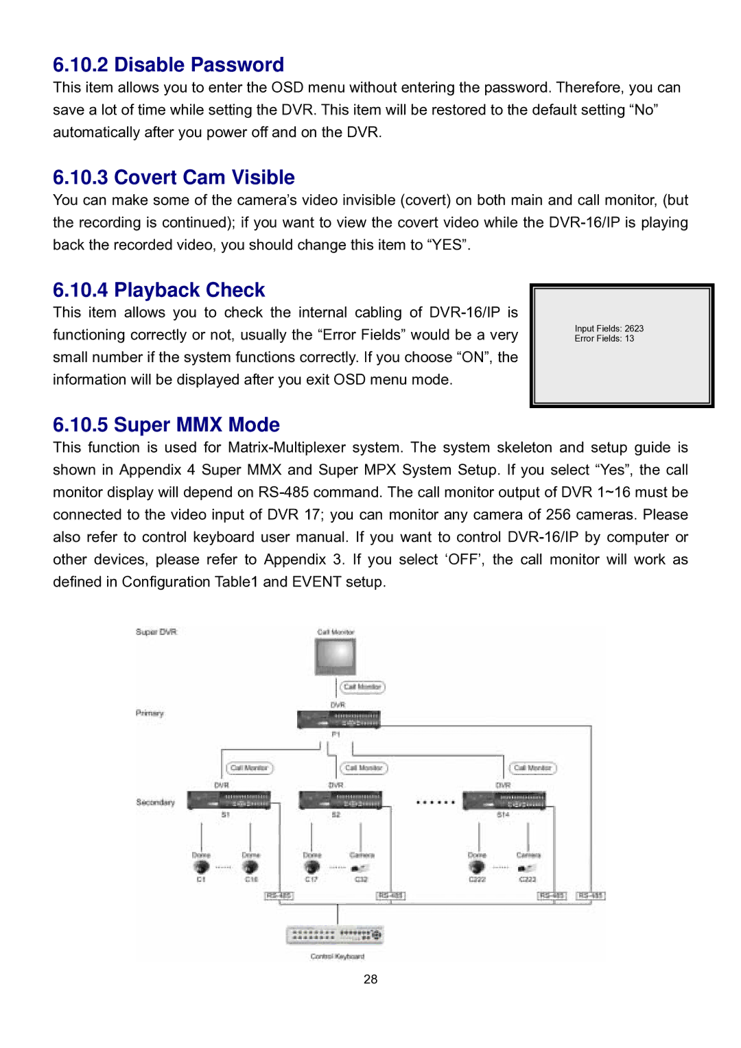 Speco Technologies DVR-16/IP user manual Disable Password, Covert Cam Visible, Playback Check, Super MMX Mode 