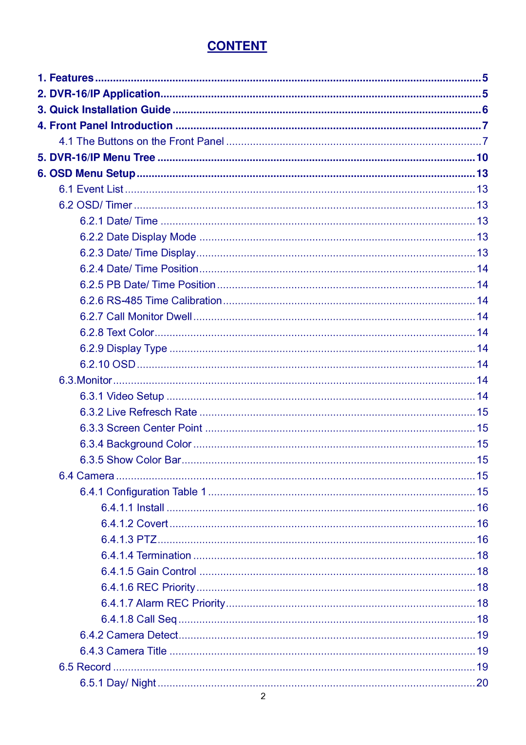 Speco Technologies user manual Content, DVR-16/IP Menu Tree OSD Menu Setup 