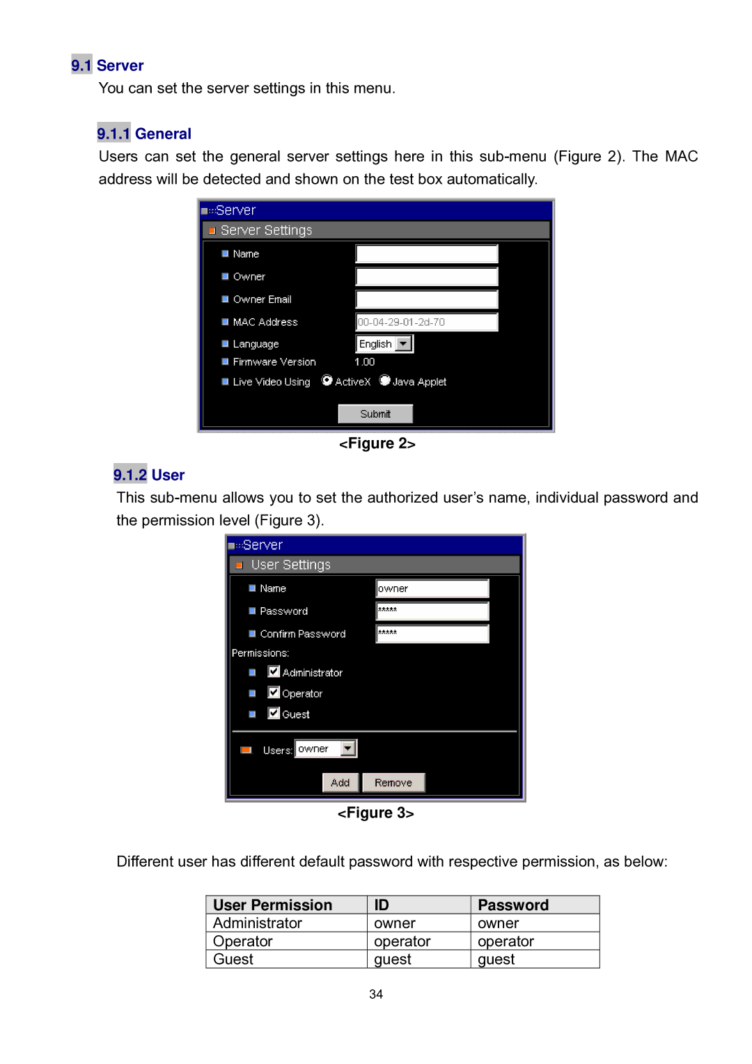 Speco Technologies DVR-16/IP user manual Server, General, User Permission Password 