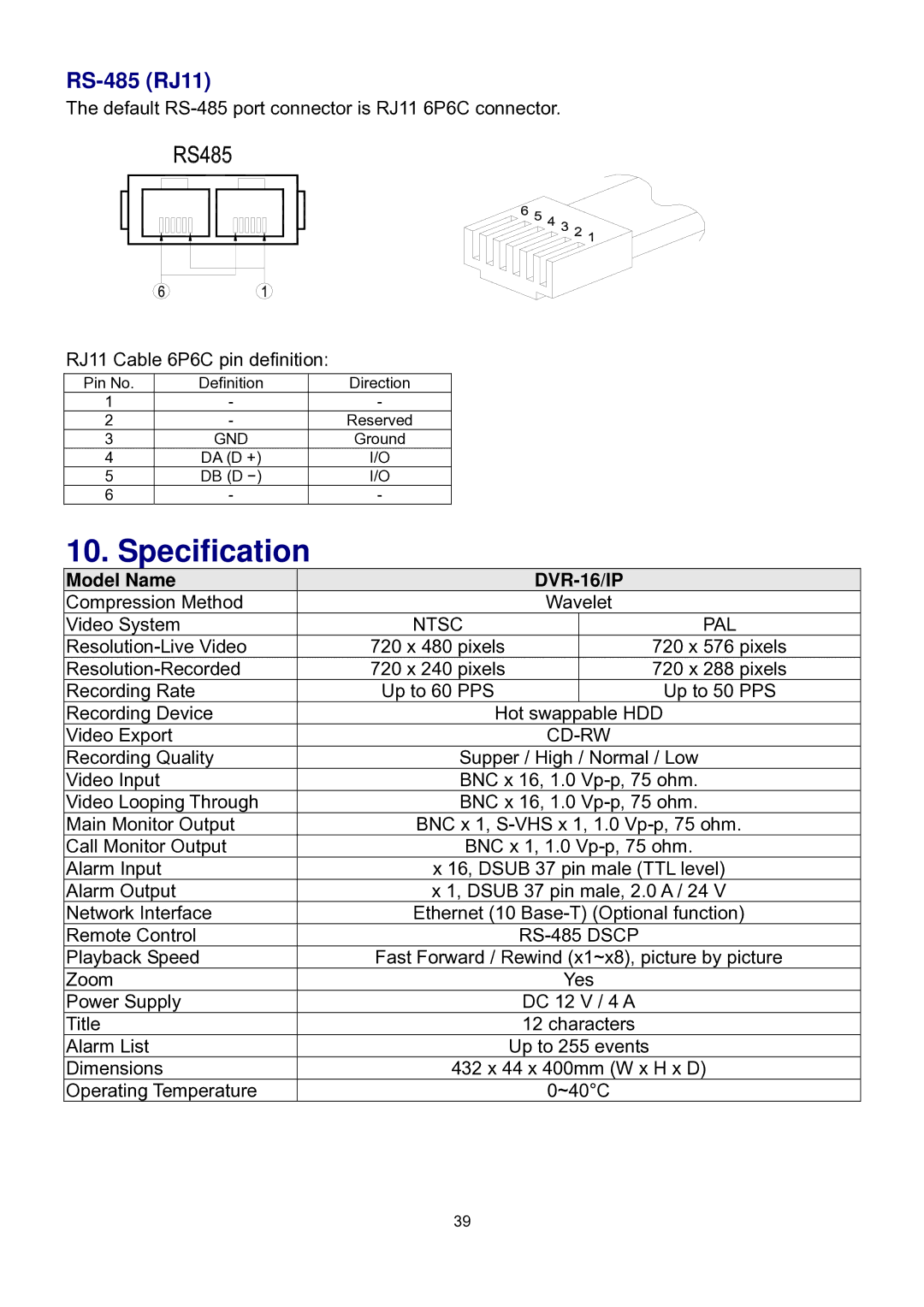 Speco Technologies DVR-16/IP user manual Specification, RS-485 RJ11, Model Name 