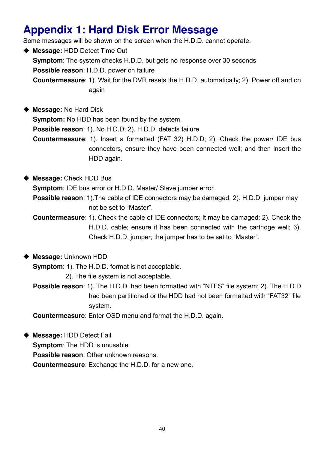 Speco Technologies DVR-16/IP user manual Appendix 1 Hard Disk Error Message 