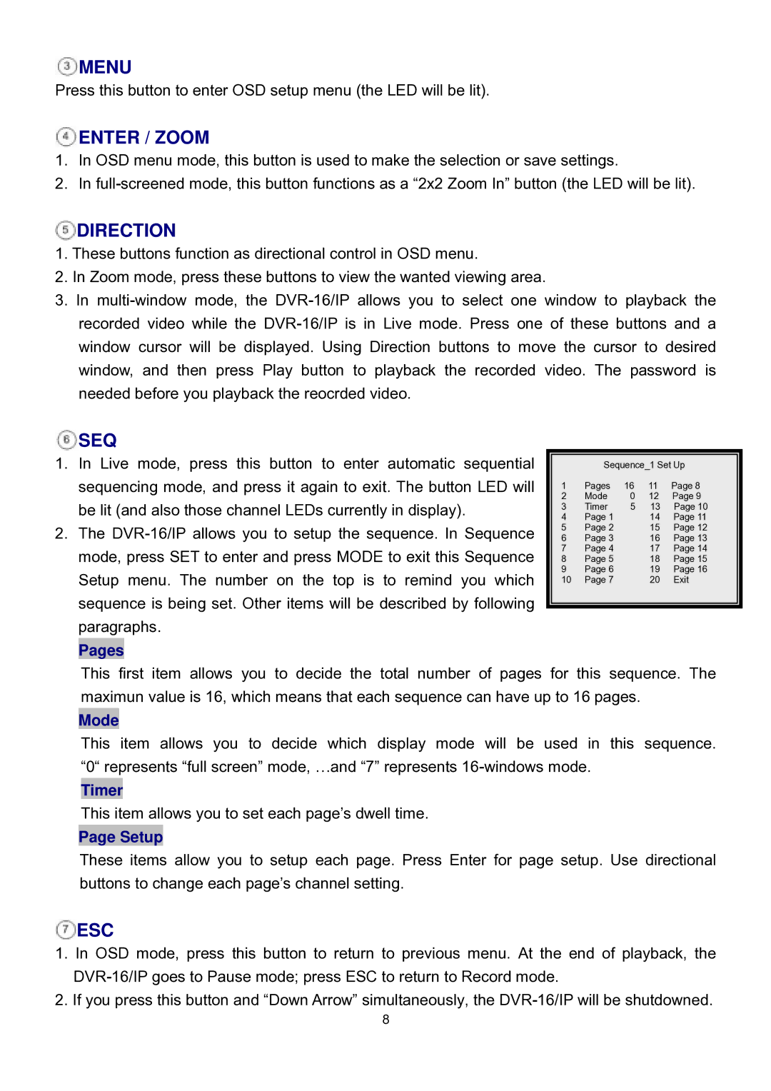 Speco Technologies DVR-16/IP user manual Pages, Mode, Timer, Setup 