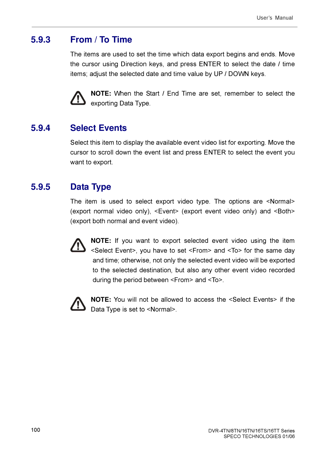 Speco Technologies DVR-8TN, DVR-4TN, DVR-16TS, DVR-16TN, DVR-16TT manual From / To Time, Select Events, Data Type 