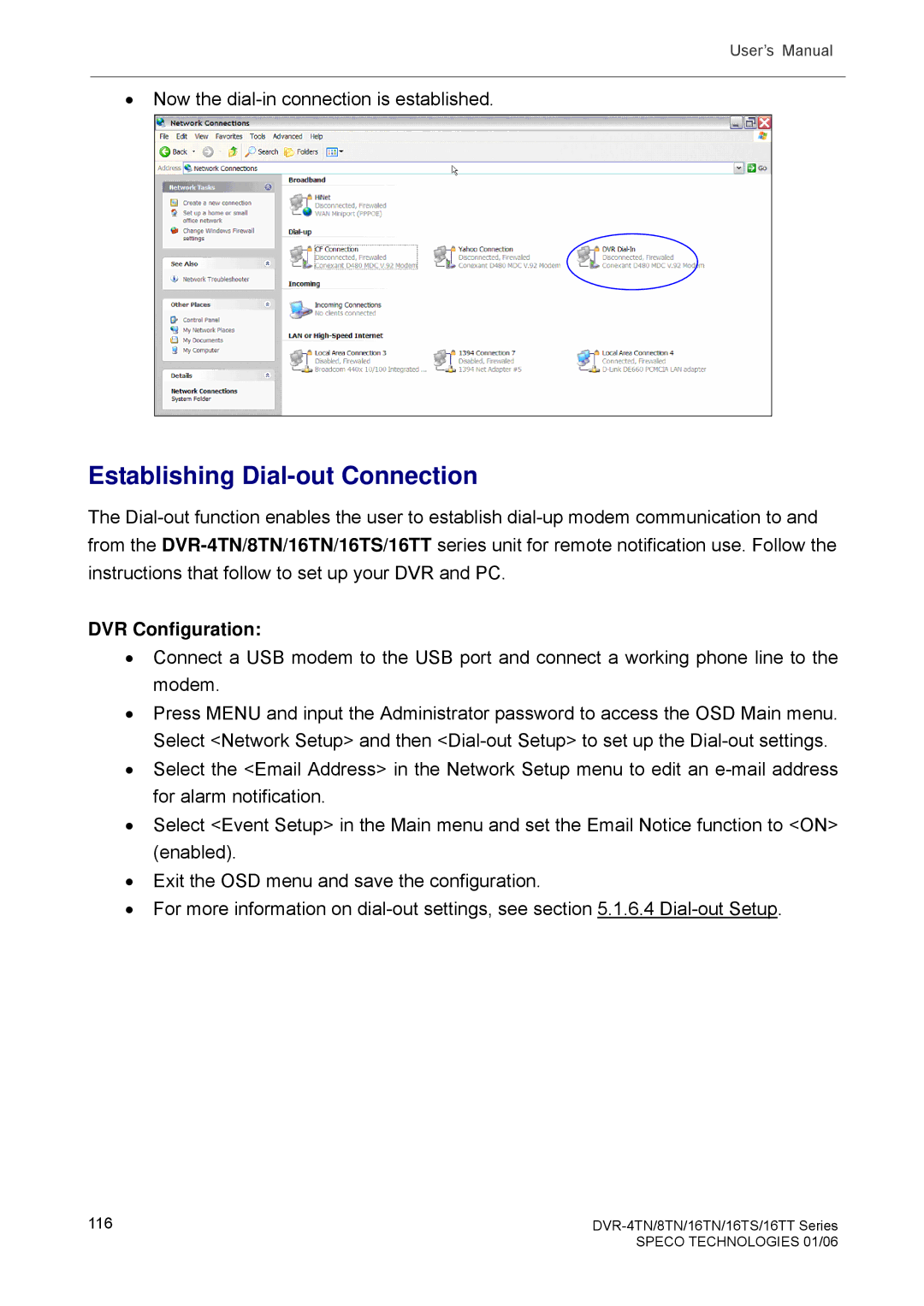 Speco Technologies DVR-16TS, DVR-4TN, DVR-8TN, DVR-16TN, DVR-16TT manual Establishing Dial-out Connection, DVR Configuration 