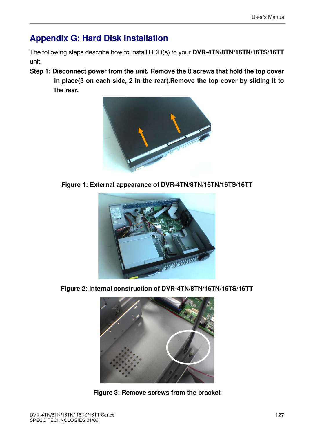 Speco Technologies DVR-16TN, DVR-8TN Appendix G Hard Disk Installation, External appearance of DVR-4TN/8TN/16TN/16TS/16TT 