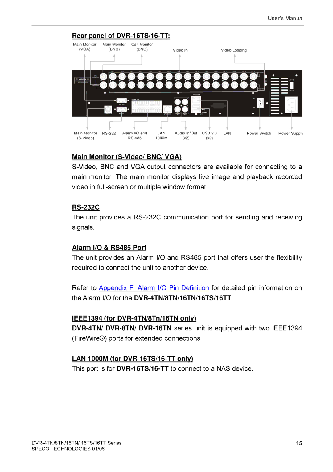 Speco Technologies DVR-8TN Rear panel of DVR-16TS/16-TT Main Monitor S-Video/ BNC/ VGA, RS-232C, Alarm I/O & RS485 Port 