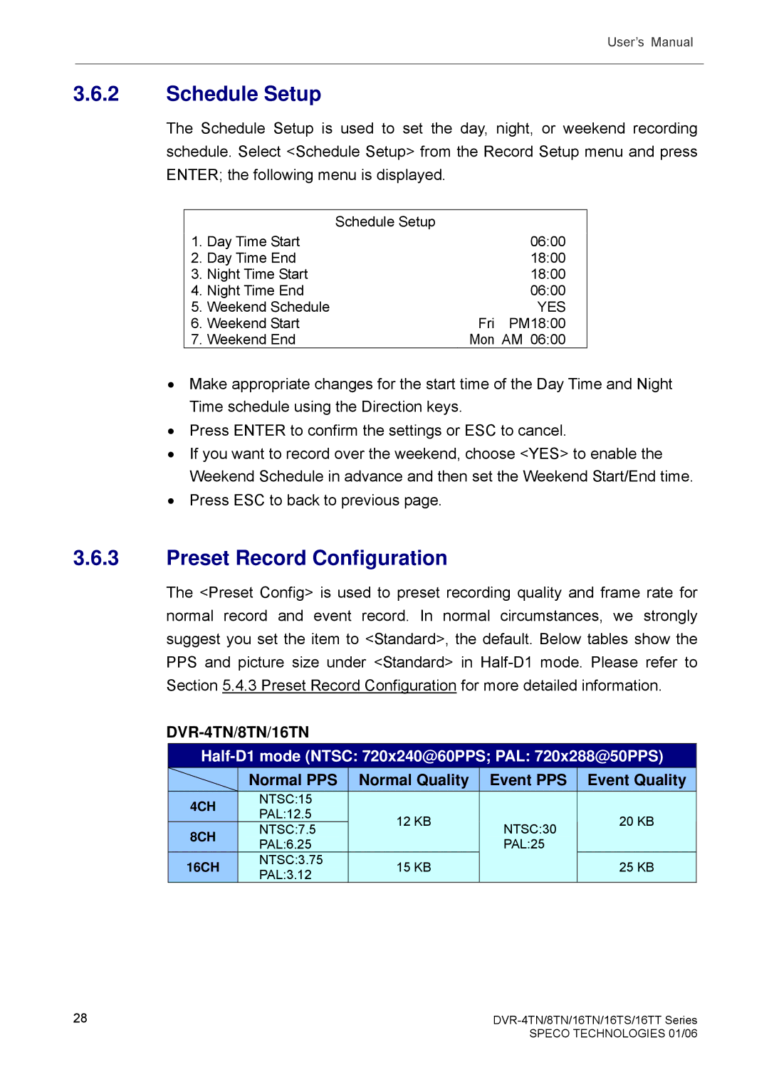 Speco Technologies DVR-16TT Schedule Setup, Preset Record Configuration, Normal PPS Normal Quality Event PPS Event Quality 