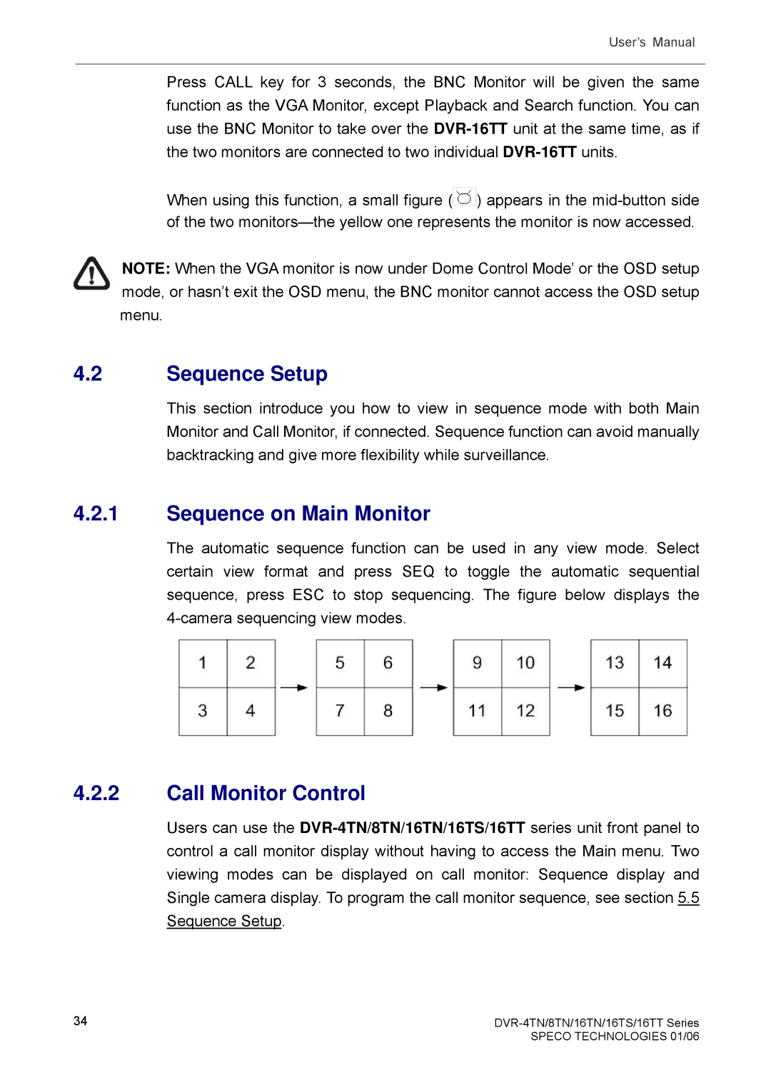 Speco Technologies DVR-4TN, DVR-8TN, DVR-16TS, DVR-16TN manual Sequence Setup, Sequence on Main Monitor, Call Monitor Control 