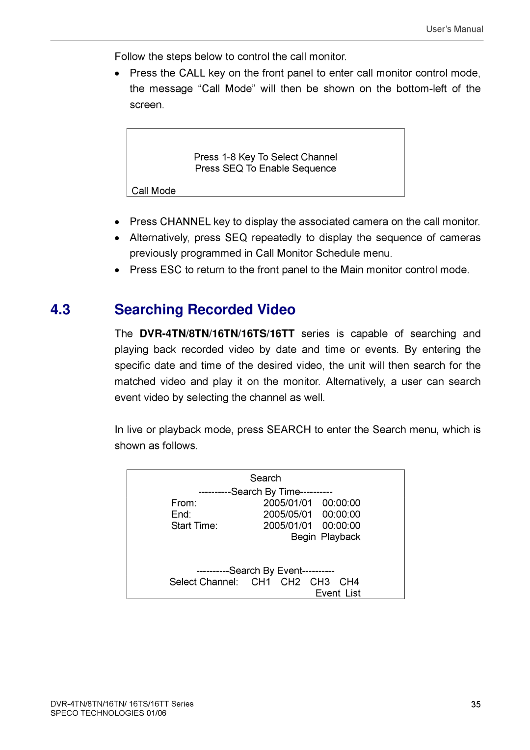 Speco Technologies DVR-8TN, DVR-4TN, DVR-16TS, DVR-16TN, DVR-16TT manual Searching Recorded Video 