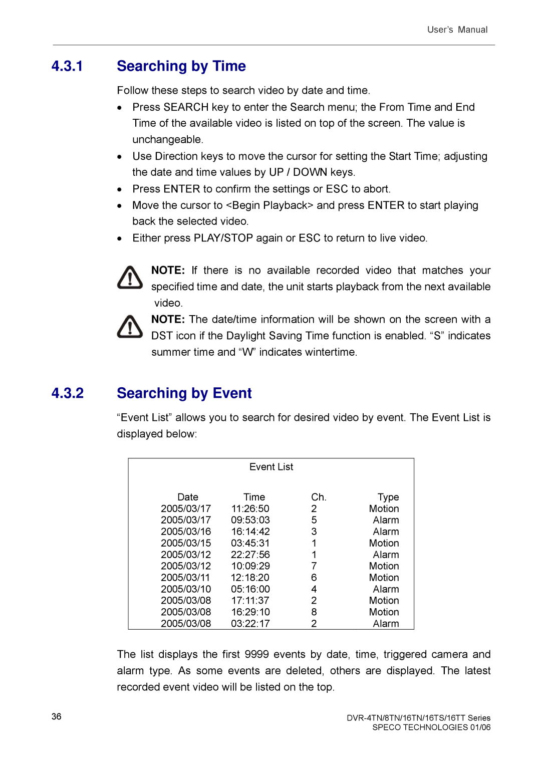 Speco Technologies DVR-16TS, DVR-4TN, DVR-8TN, DVR-16TN, DVR-16TT manual Searching by Time, Searching by Event 