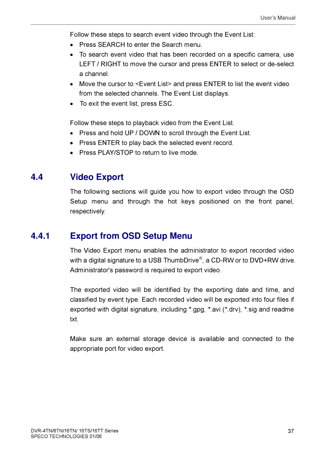 Speco Technologies DVR-16TN, DVR-4TN, DVR-8TN, DVR-16TS, DVR-16TT manual Video Export, Export from OSD Setup Menu 