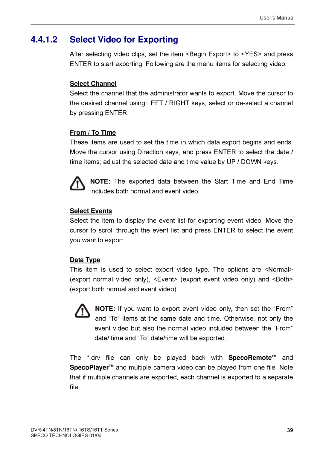 Speco Technologies DVR-4TN, DVR-8TN Select Video for Exporting, Select Channel, From / To Time, Select Events, Data Type 