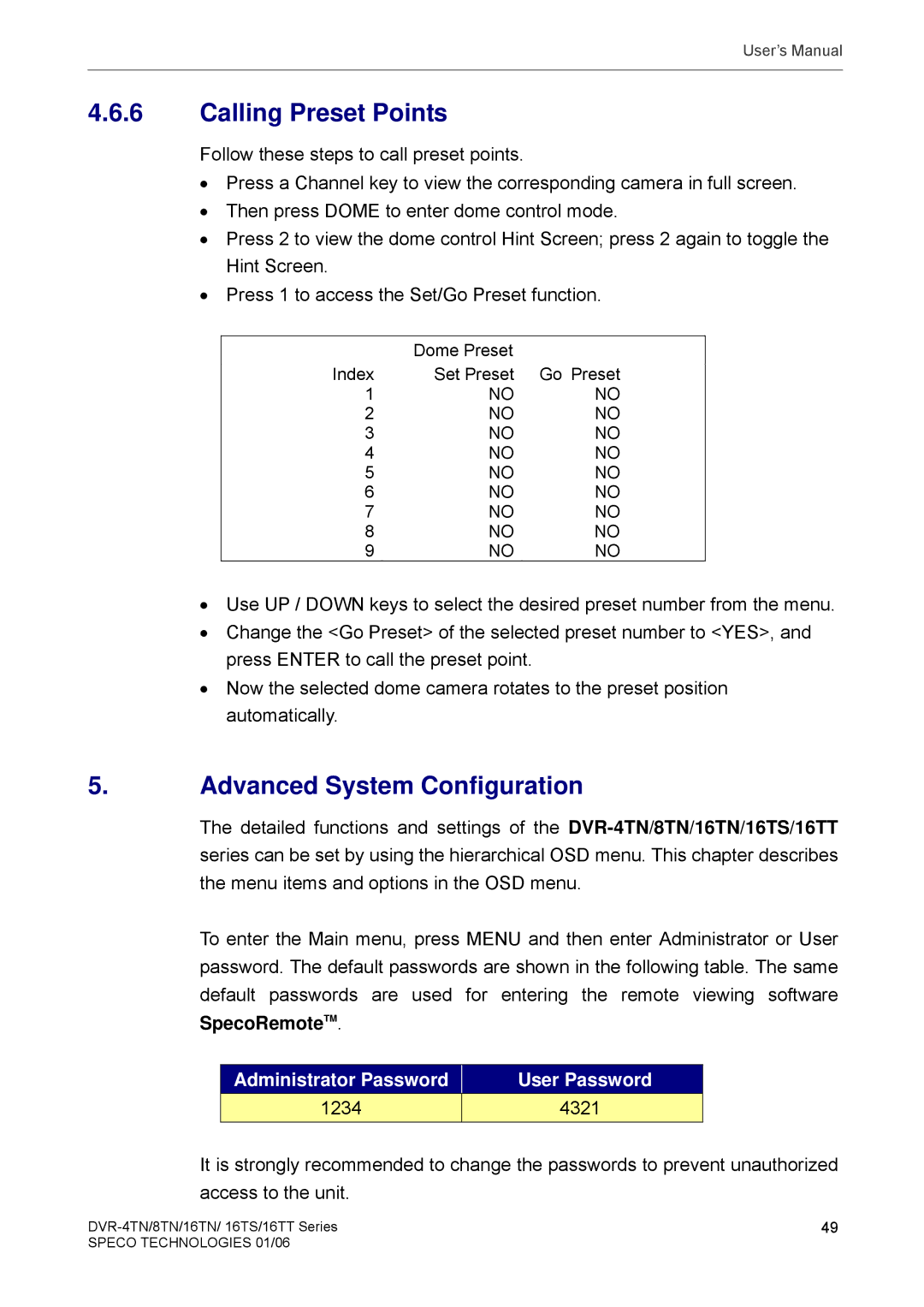 Speco Technologies DVR-4TN, DVR-8TN, DVR-16TS, DVR-16TN, DVR-16TT manual Calling Preset Points, Advanced System Configuration 