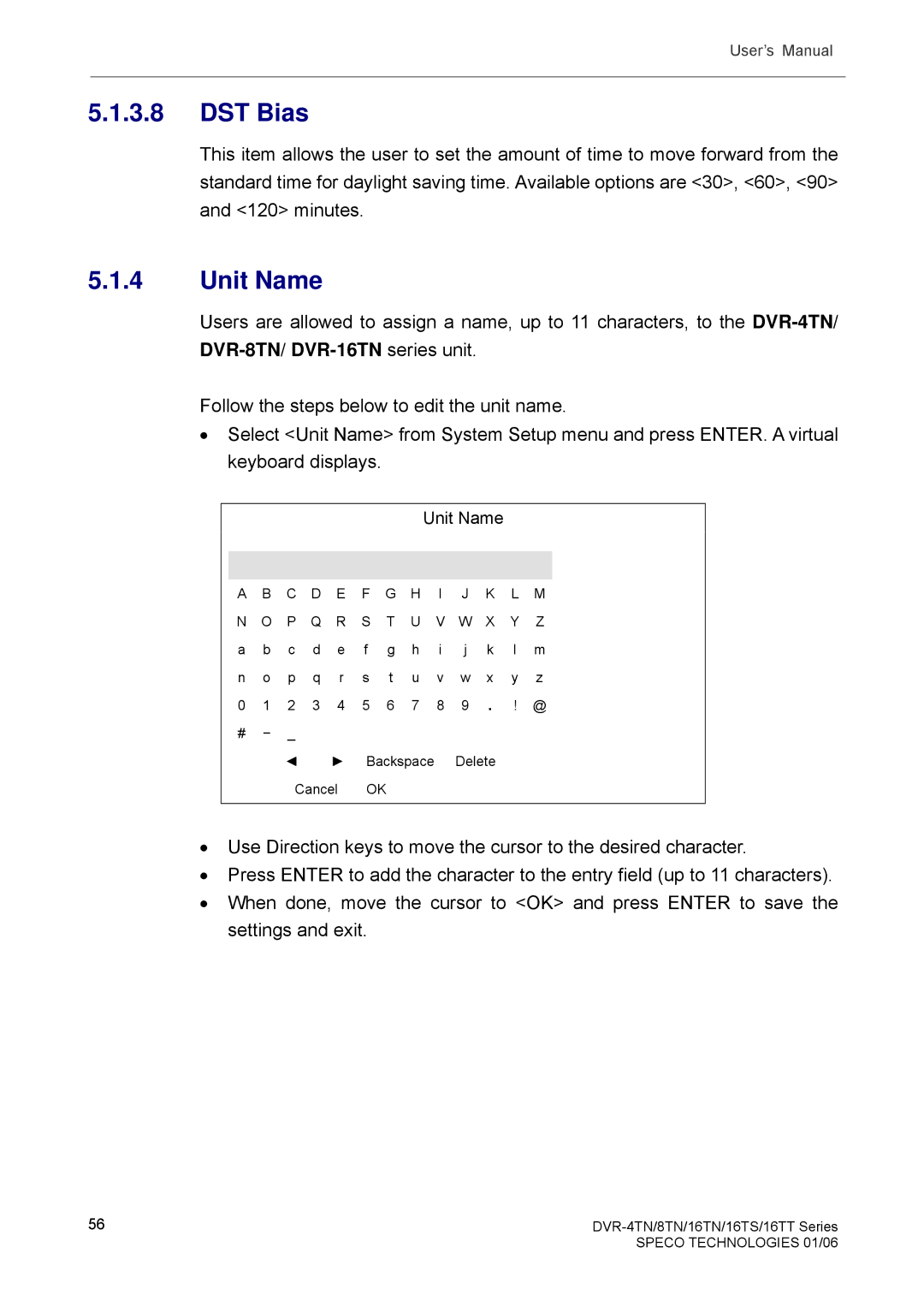 Speco Technologies DVR-16TS, DVR-4TN, DVR-8TN, DVR-16TN, DVR-16TT manual DST Bias, Unit Name 