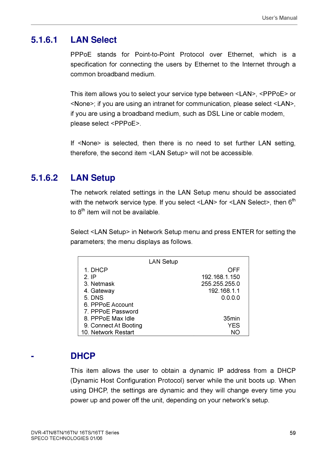 Speco Technologies DVR-4TN, DVR-8TN, DVR-16TS, DVR-16TN, DVR-16TT manual LAN Select, LAN Setup 