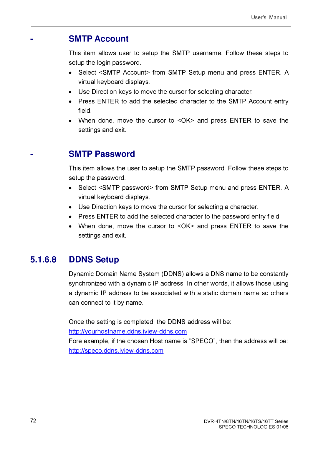 Speco Technologies DVR-16TN, DVR-4TN, DVR-8TN, DVR-16TS, DVR-16TT manual Smtp Account, Smtp Password, Ddns Setup 