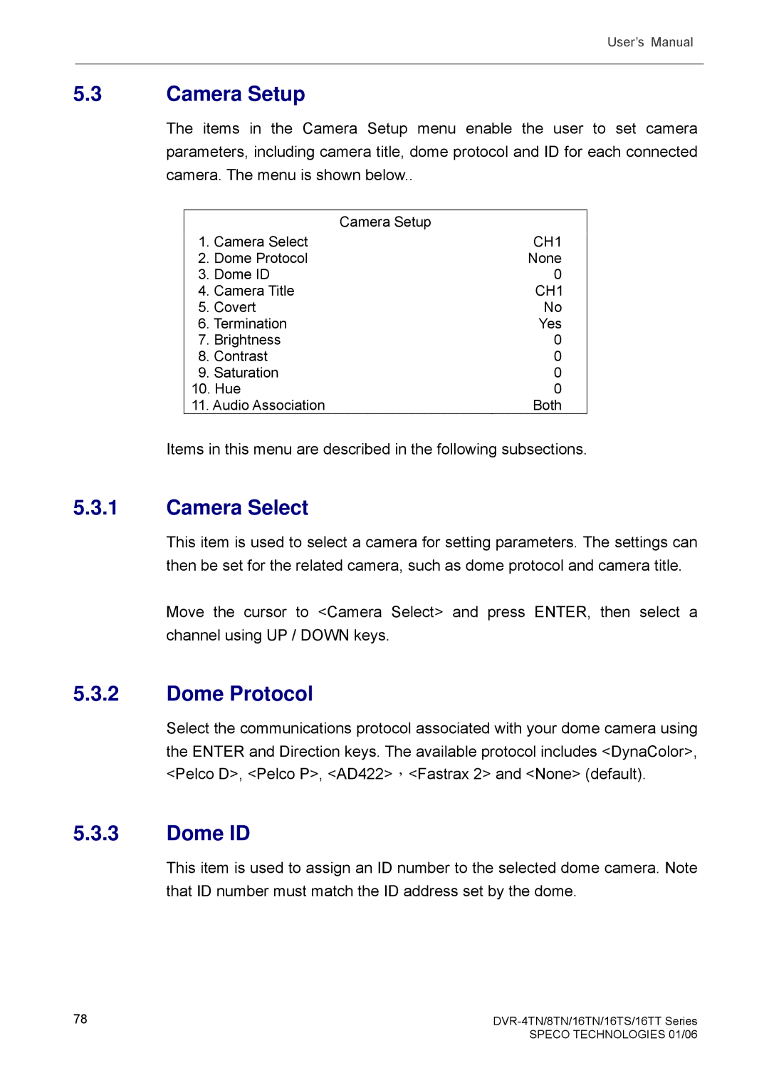 Speco Technologies DVR-16TT, DVR-4TN, DVR-8TN, DVR-16TS, DVR-16TN manual Camera Setup, Camera Select, Dome Protocol, Dome ID 