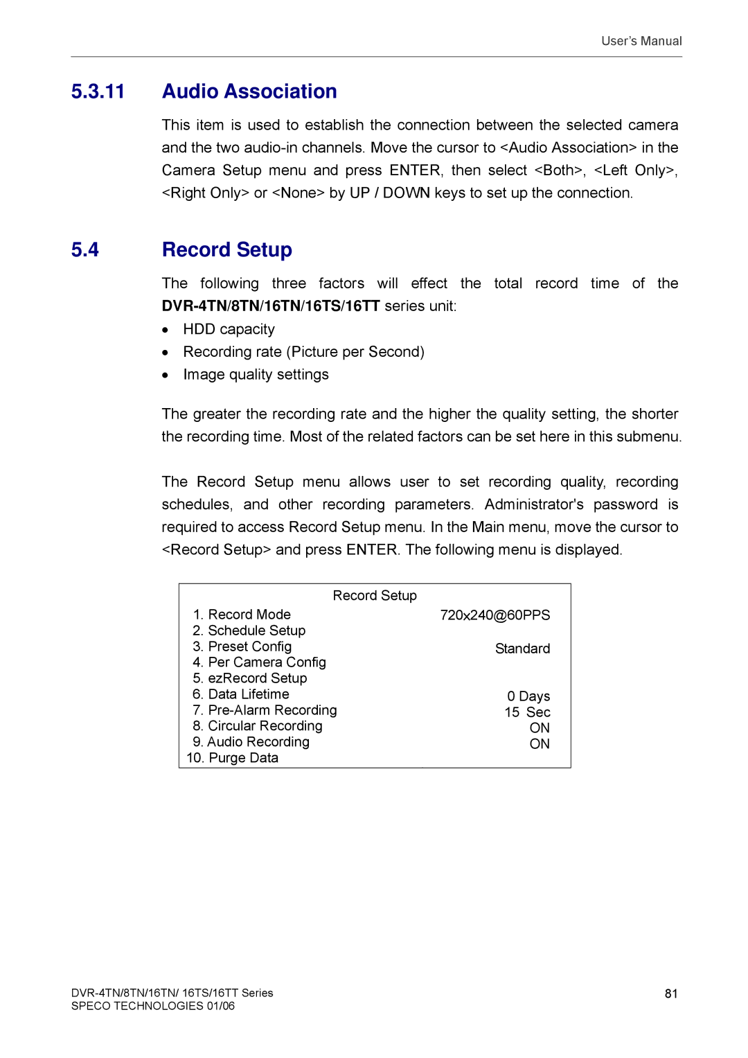 Speco Technologies DVR-16TS, DVR-4TN, DVR-8TN, DVR-16TN, DVR-16TT manual Audio Association, Record Setup 