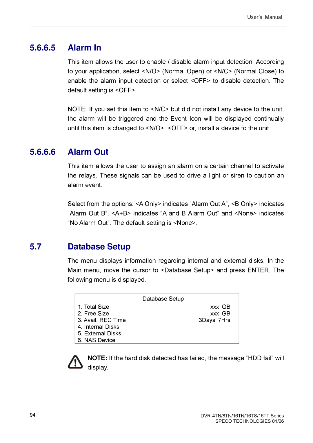 Speco Technologies DVR-4TN, DVR-8TN, DVR-16TS, DVR-16TN, DVR-16TT manual Alarm Out, Database Setup 