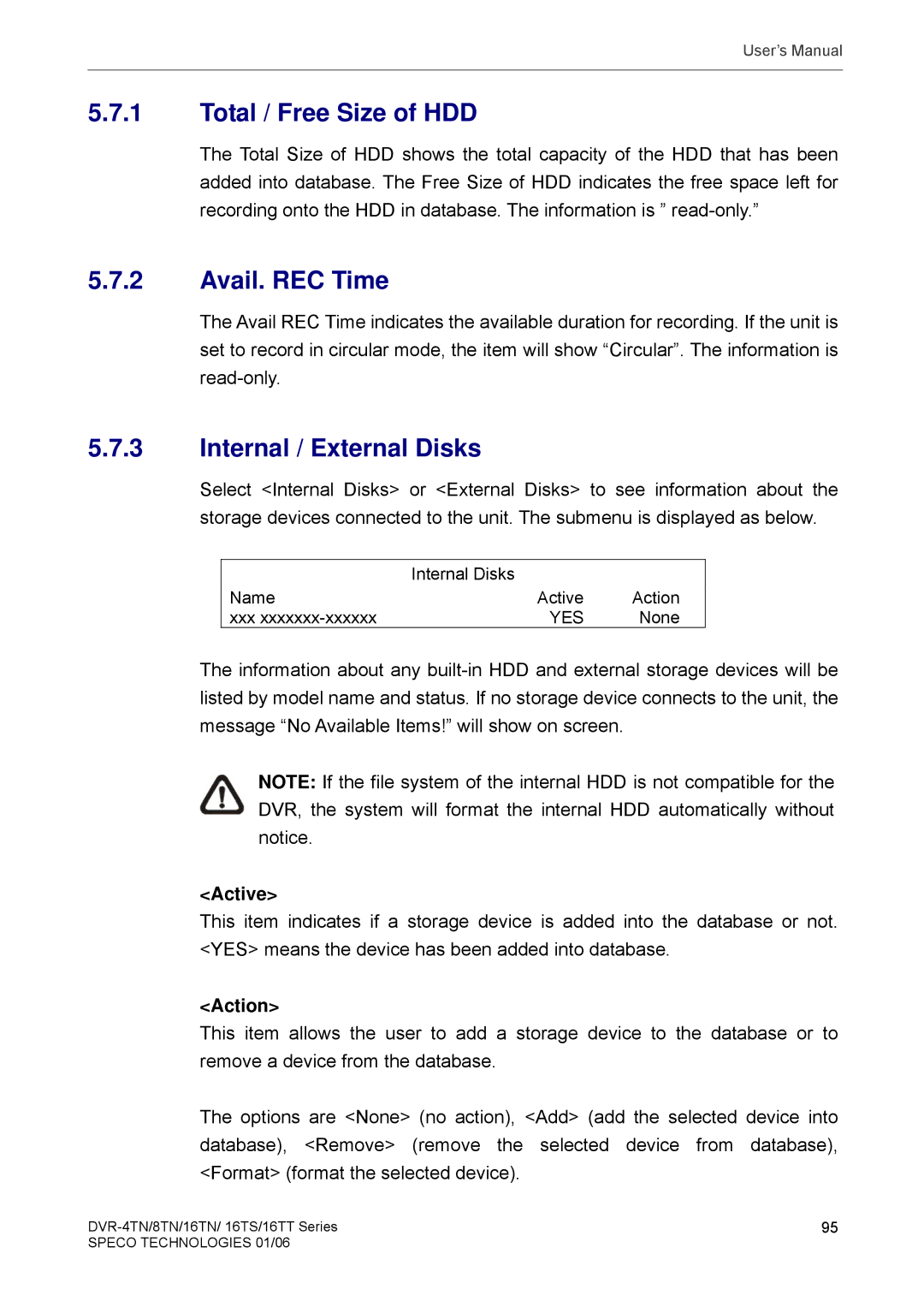 Speco Technologies DVR-8TN, DVR-4TN Total / Free Size of HDD, Avail. REC Time, Internal / External Disks, Active, Action 