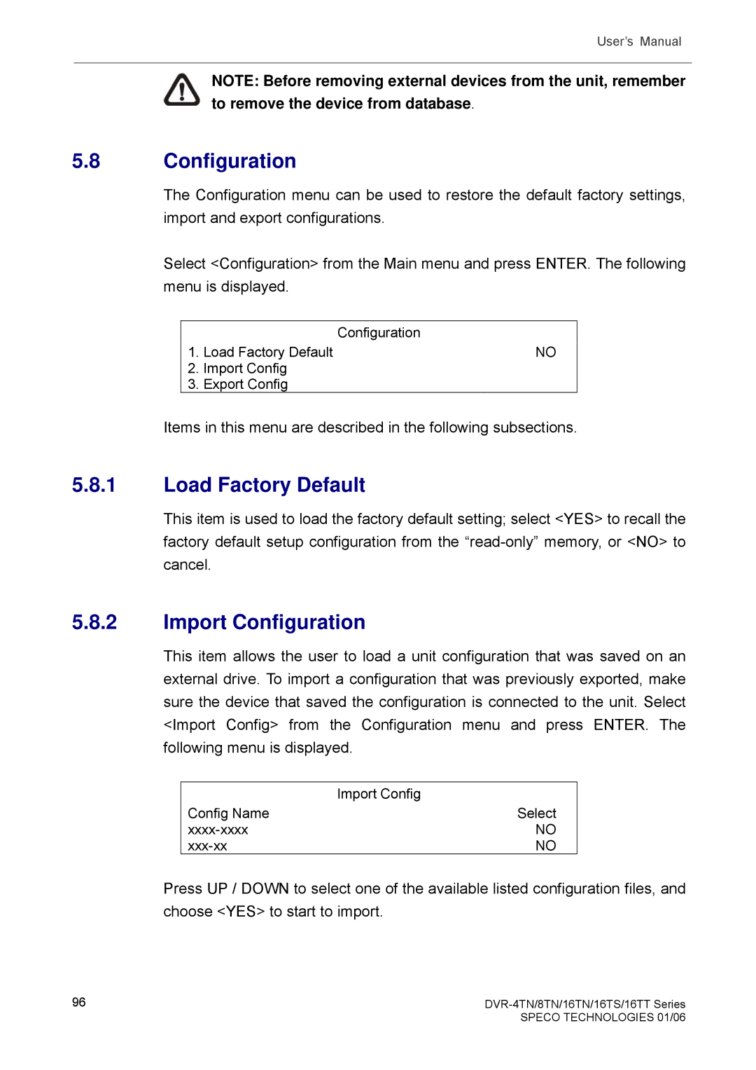 Speco Technologies DVR-16TS, DVR-4TN, DVR-8TN, DVR-16TN, DVR-16TT manual Load Factory Default, Import Configuration 