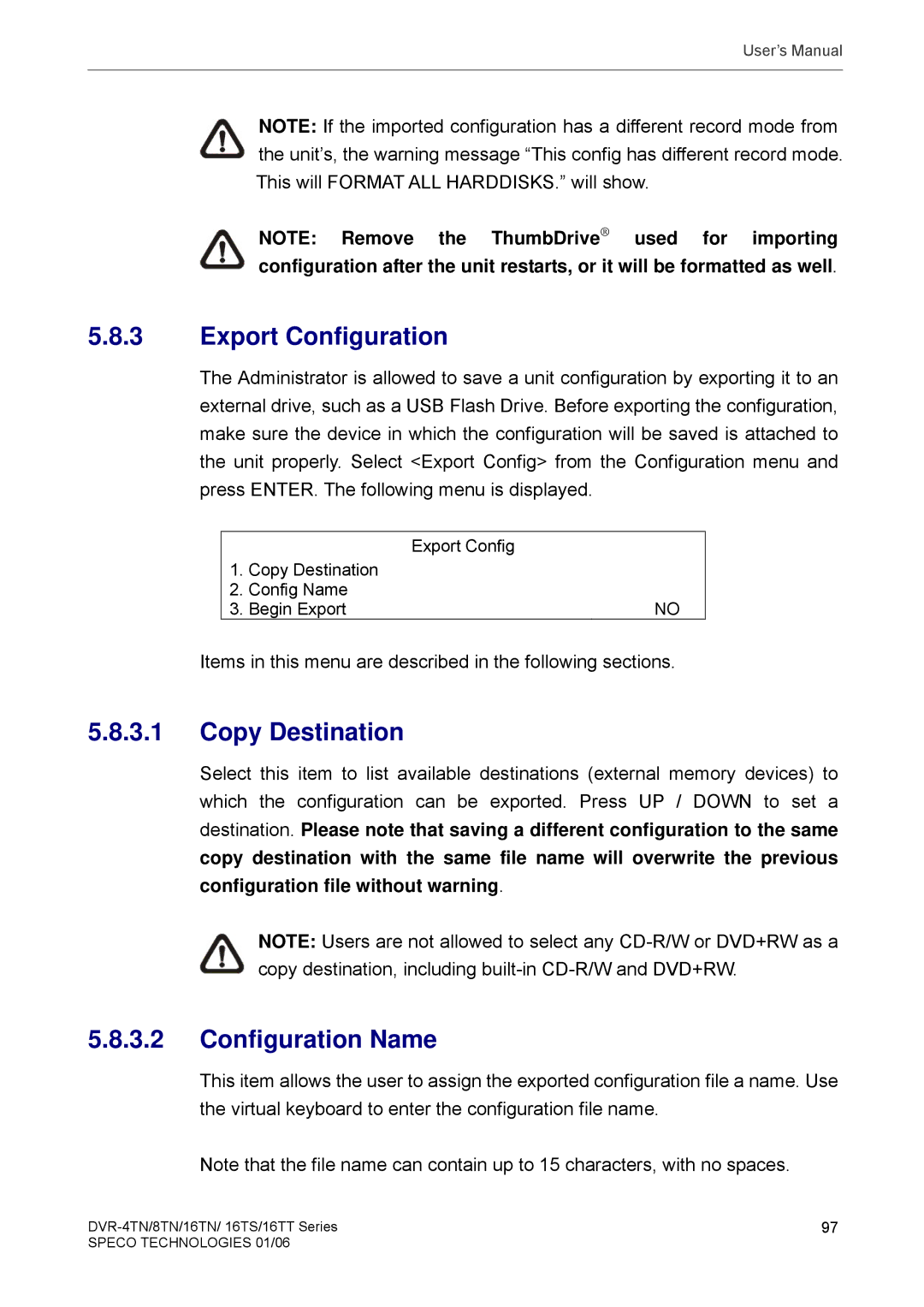 Speco Technologies DVR-16TN, DVR-4TN, DVR-8TN, DVR-16TS, DVR-16TT Export Configuration, Copy Destination, Configuration Name 