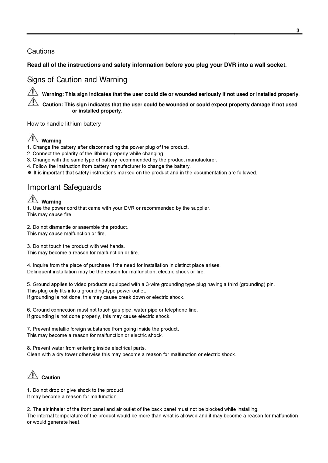 Speco Technologies DVR-PC8 Series, DVR-PC16 Series user manual Signs of Caution and Warning 