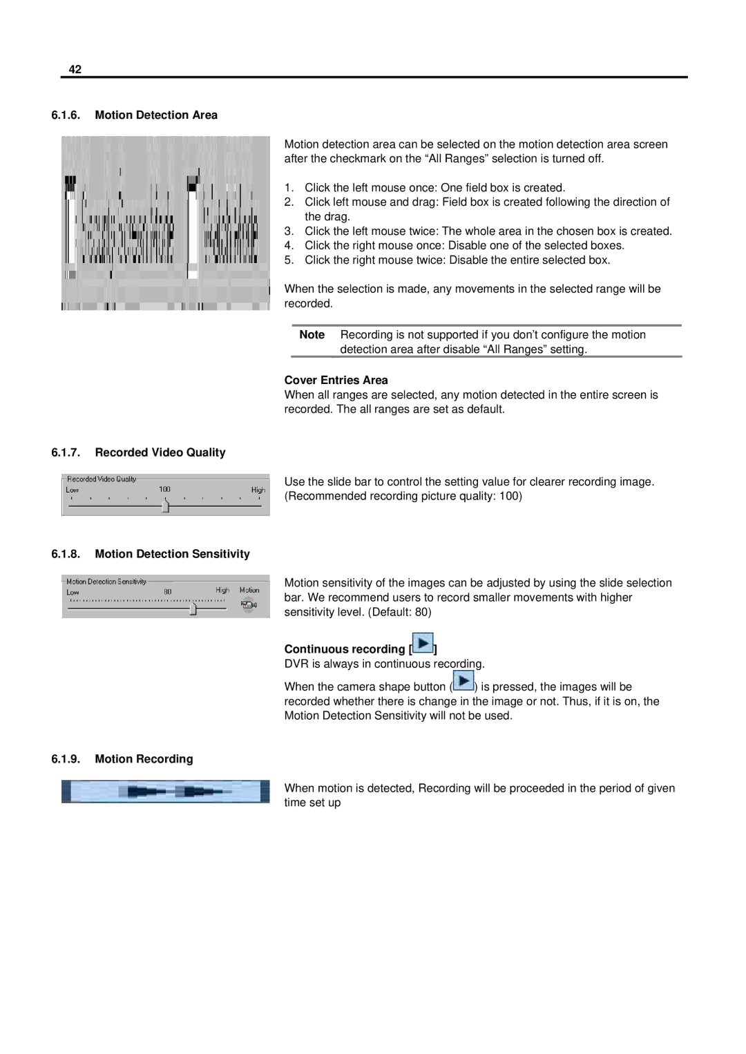 Speco Technologies DVR-PC8 Series, DVR-PC16 Series Motion Detection Area, Cover Entries Area, Recorded Video Quality 