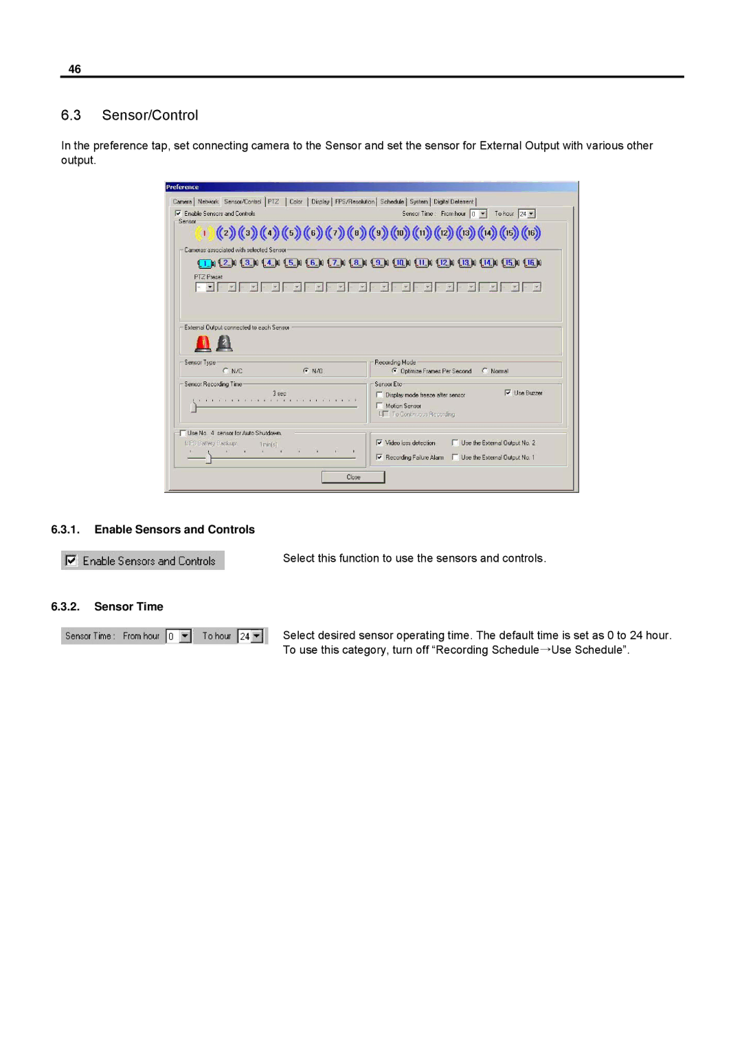 Speco Technologies DVR-PC8 Series, DVR-PC16 Series user manual Sensor/Control, Enable Sensors and Controls, Sensor Time 