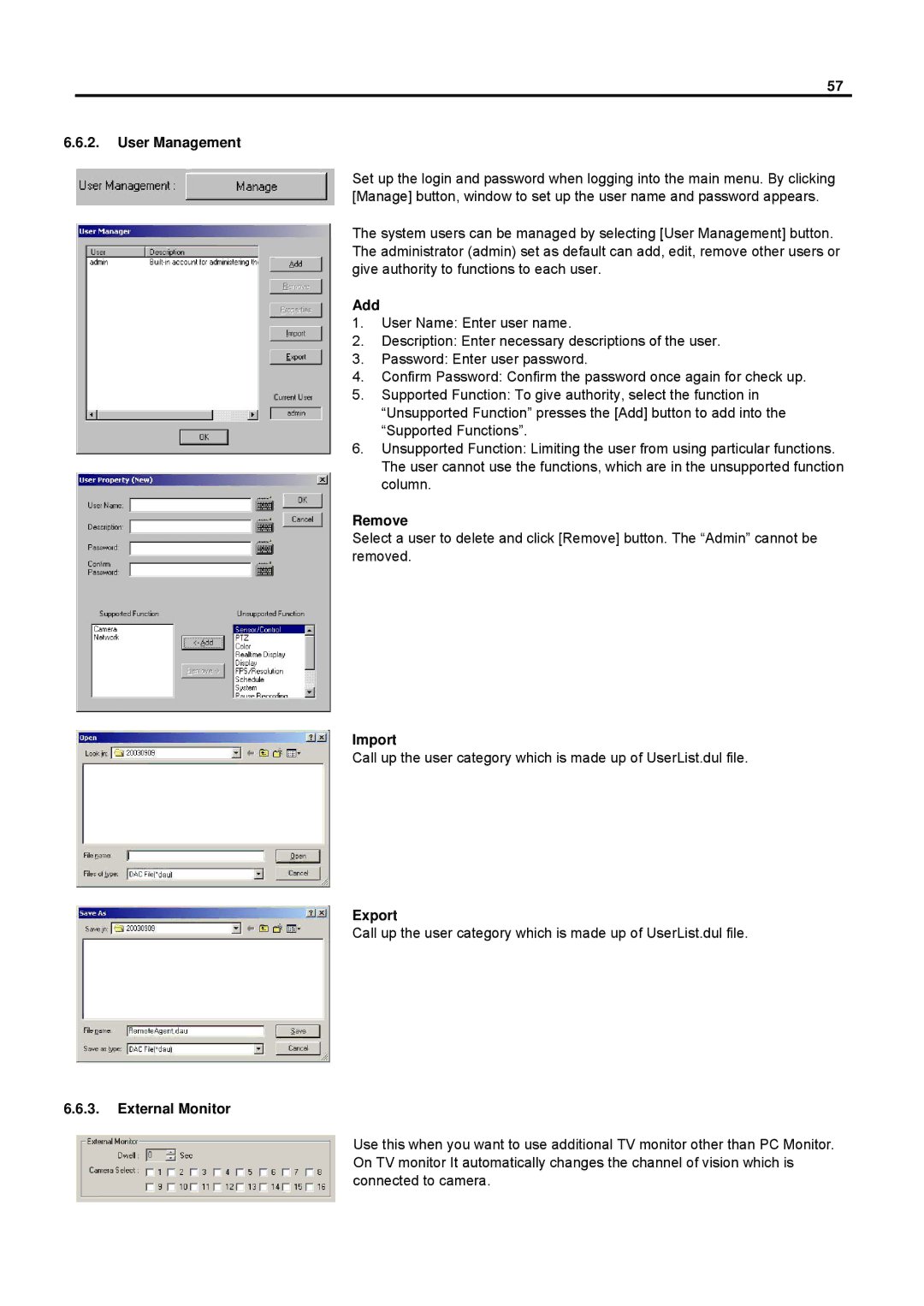 Speco Technologies DVR-PC8 Series, DVR-PC16 Series user manual User Management, Remove, Import, Export, External Monitor 