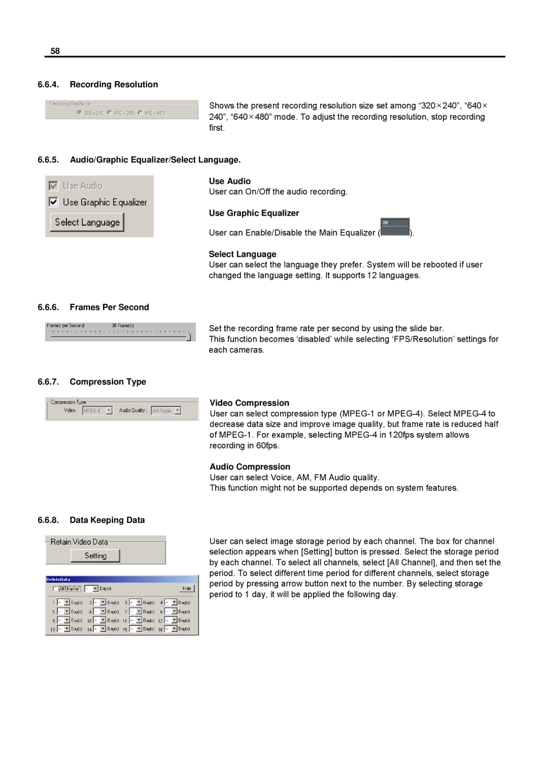 Speco Technologies DVR-PC8 Series, DVR-PC16 Series Recording Resolution, Audio/Graphic Equalizer/Select Language Use Audio 