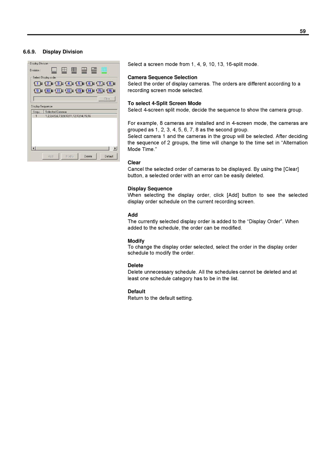 Speco Technologies DVR-PC8 Series, DVR-PC16 Series Display Division, Camera Sequence Selection, Clear, Display Sequence 