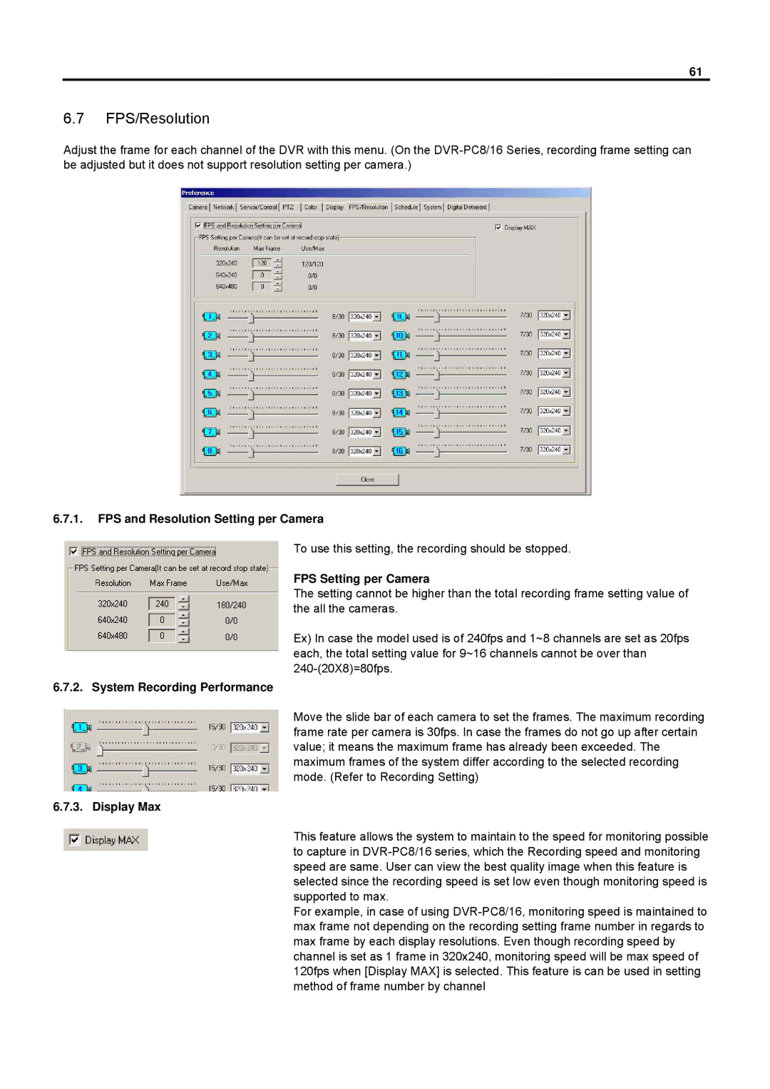 Speco Technologies DVR-PC8 Series, DVR-PC16 Series FPS/Resolution, FPS and Resolution Setting per Camera, Display Max 