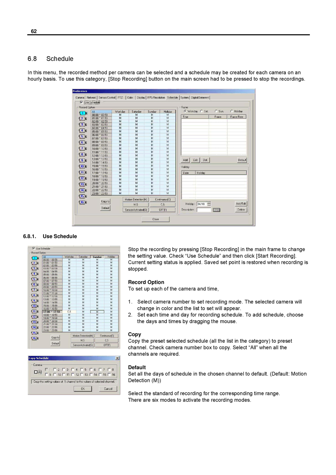 Speco Technologies DVR-PC8 Series, DVR-PC16 Series user manual Use Schedule, Record Option, Copy 