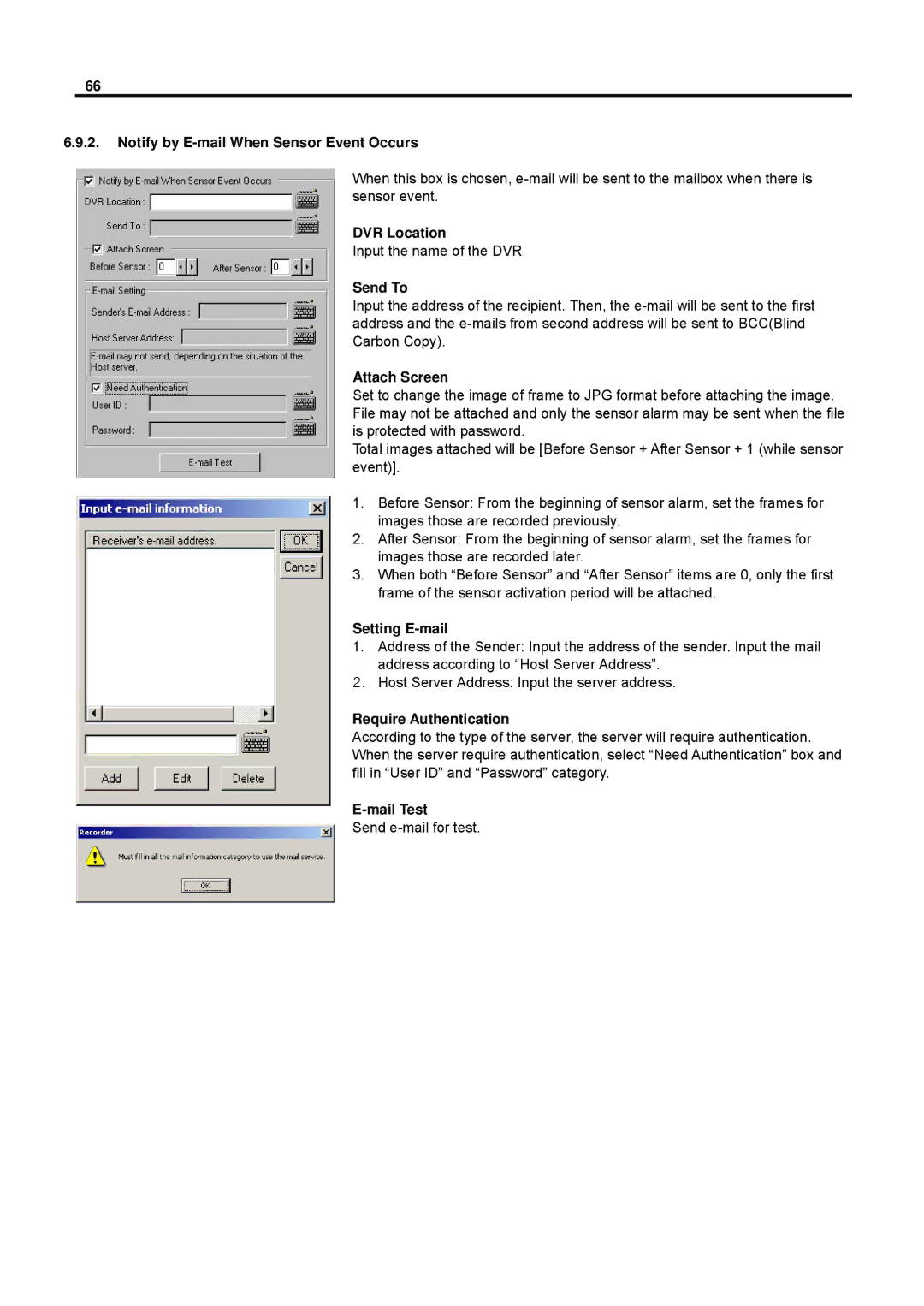 Speco Technologies DVR-PC8 Series, DVR-PC16 Series Notify by E-mail When Sensor Event Occurs, Send To, Attach Screen 