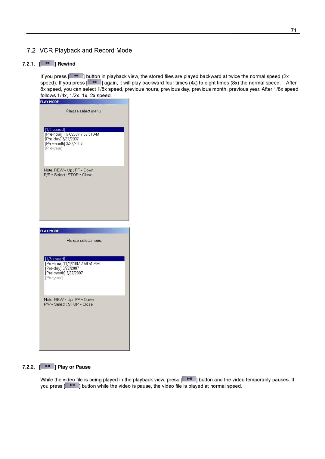 Speco Technologies DVR-PC8 Series, DVR-PC16 Series user manual VCR Playback and Record Mode, Rewind, Play or Pause 