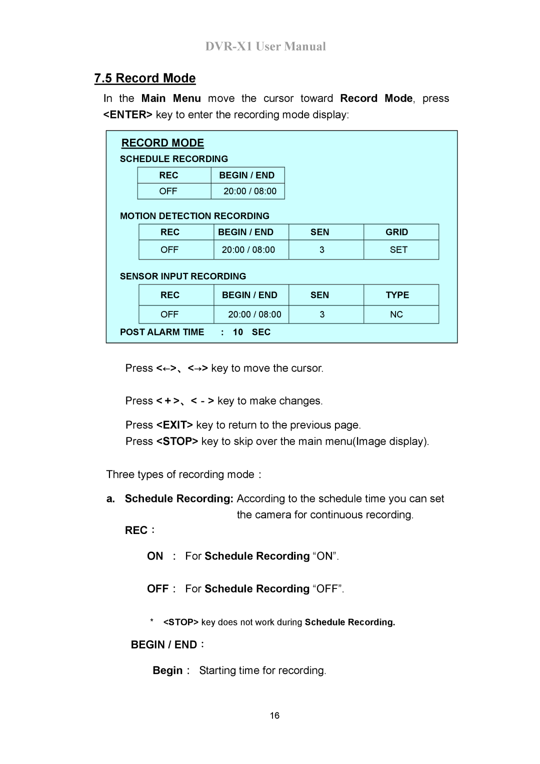 Speco Technologies DVR-X1 manual Record Mode, Rec：, Begin / END： 