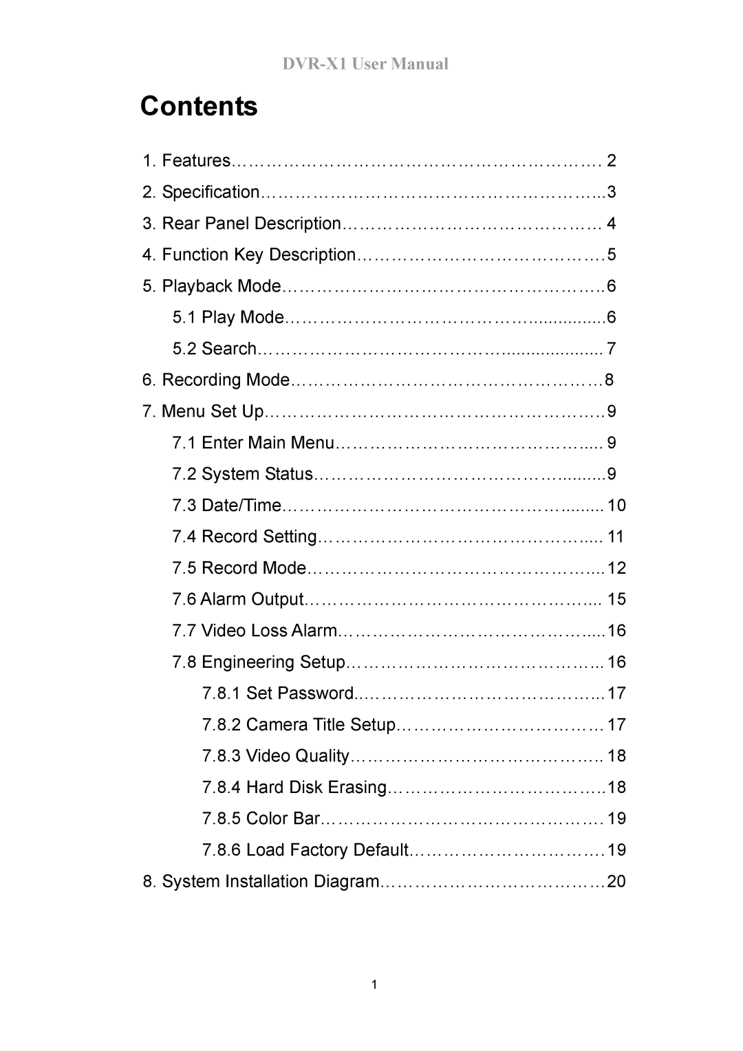 Speco Technologies DVR-X1 manual Contents 