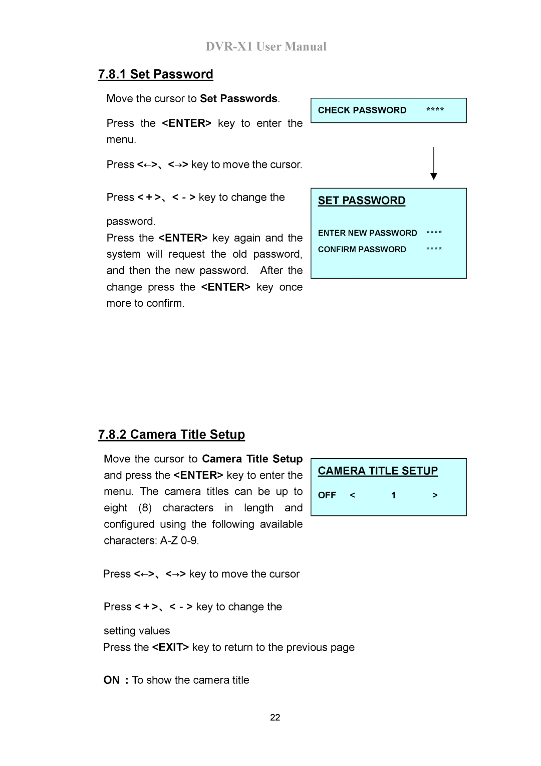 Speco Technologies DVR-X1 manual Set Password, Camera Title Setup, SET Password 