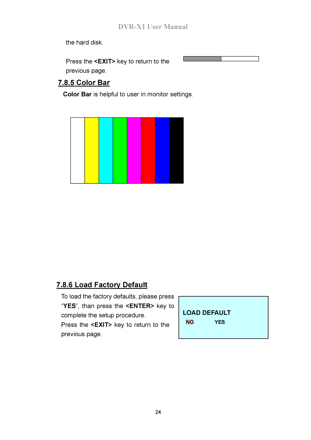 Speco Technologies DVR-X1 manual Color Bar, Load Factory Default, Load Default 