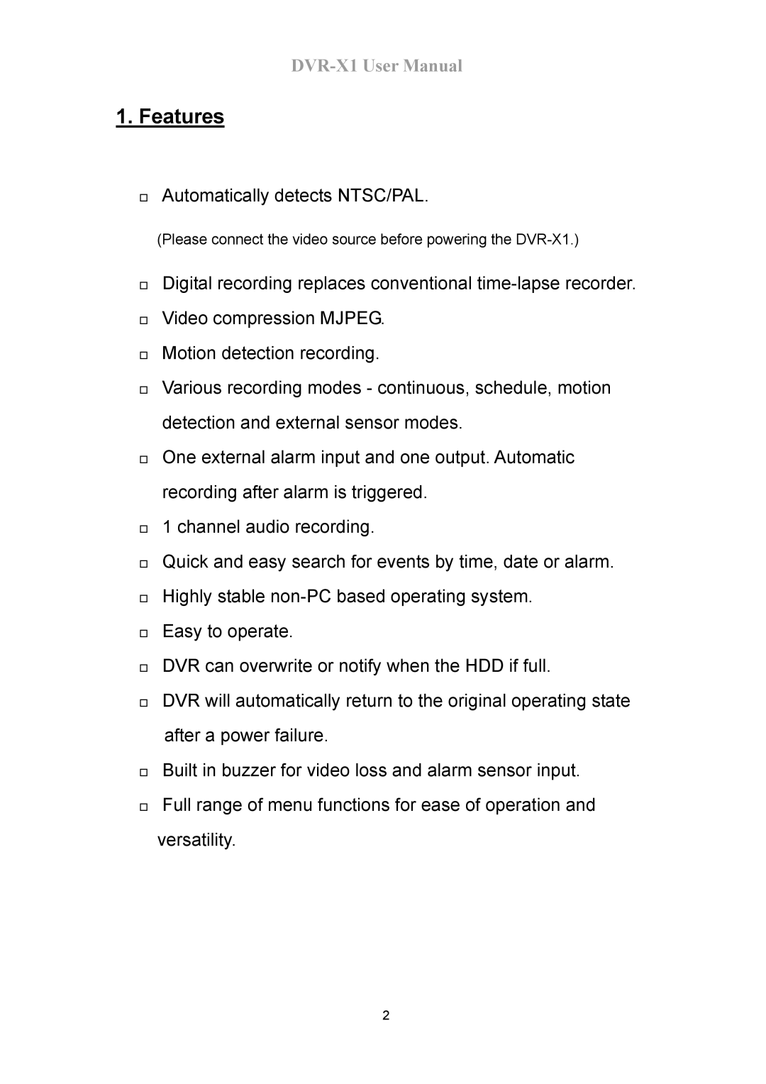 Speco Technologies DVR-X1 manual Features 