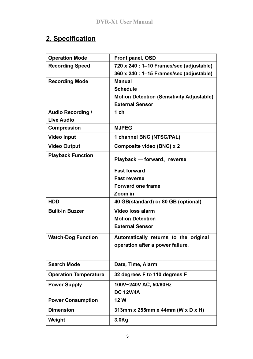 Speco Technologies DVR-X1 manual Specification, Mjpeg, Hdd, GBstandard or 80 GB optional 