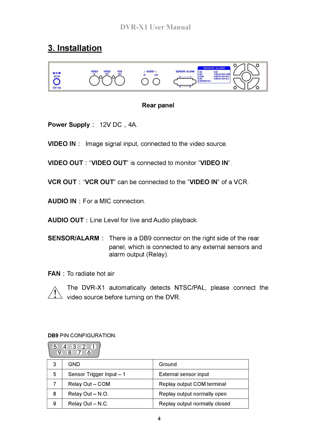 Speco Technologies DVR-X1 manual Installation, Rear panel Power Supply： 12V DC，4A 