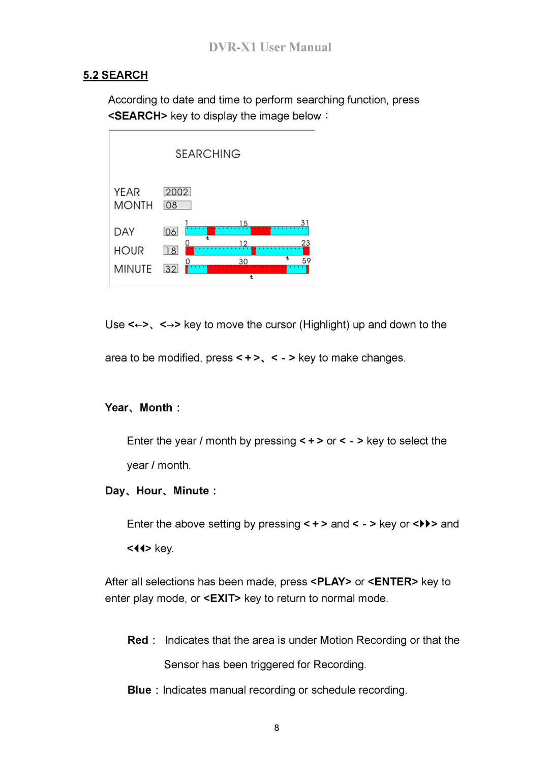 Speco Technologies DVR-X1 manual Search, Year、Month：, Day、Hour、Minute： 