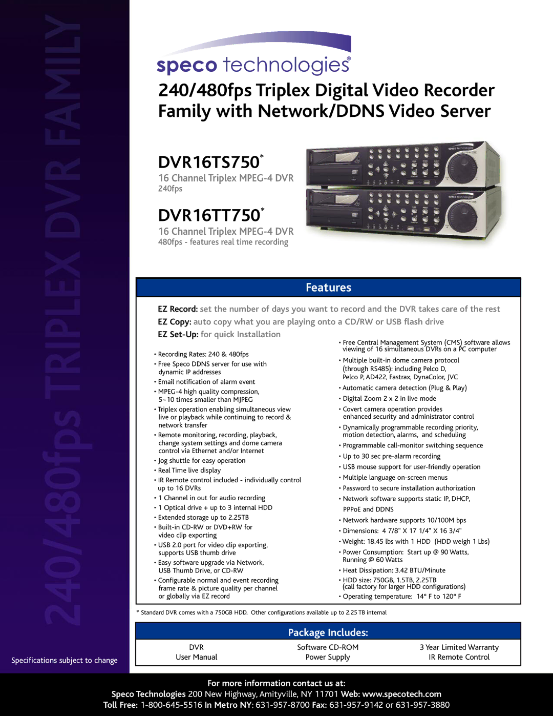 Speco Technologies DVR16TT750 specifications DVR16TS750, Features, Package Includes 