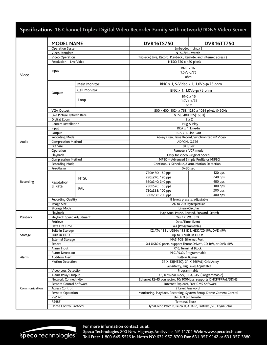 Speco Technologies specifications Model Name, DVR16TS750 DVR16TT750, Ntsc, Pal 