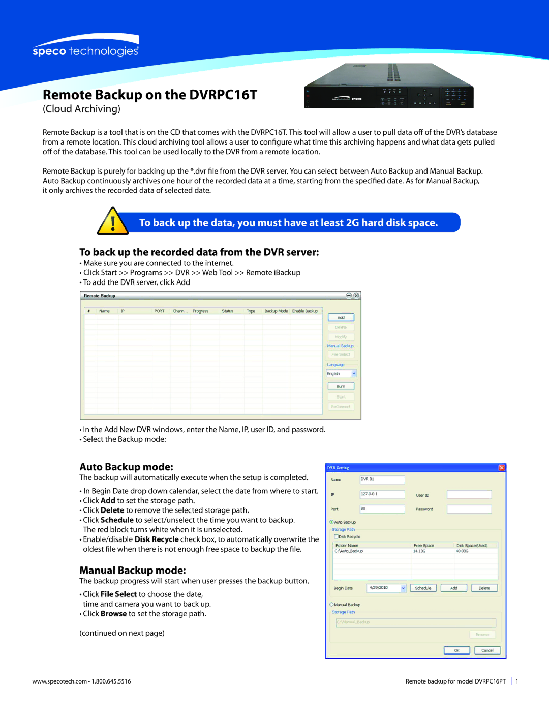 Speco Technologies DVRPC16T manual To back up the recorded data from the DVR server, Auto Backup mode, Manual Backup mode 